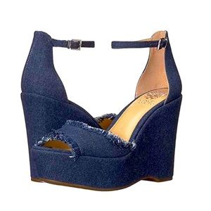 Vince Camuto Tatchen Dark Blue Denim Frayed Wedges